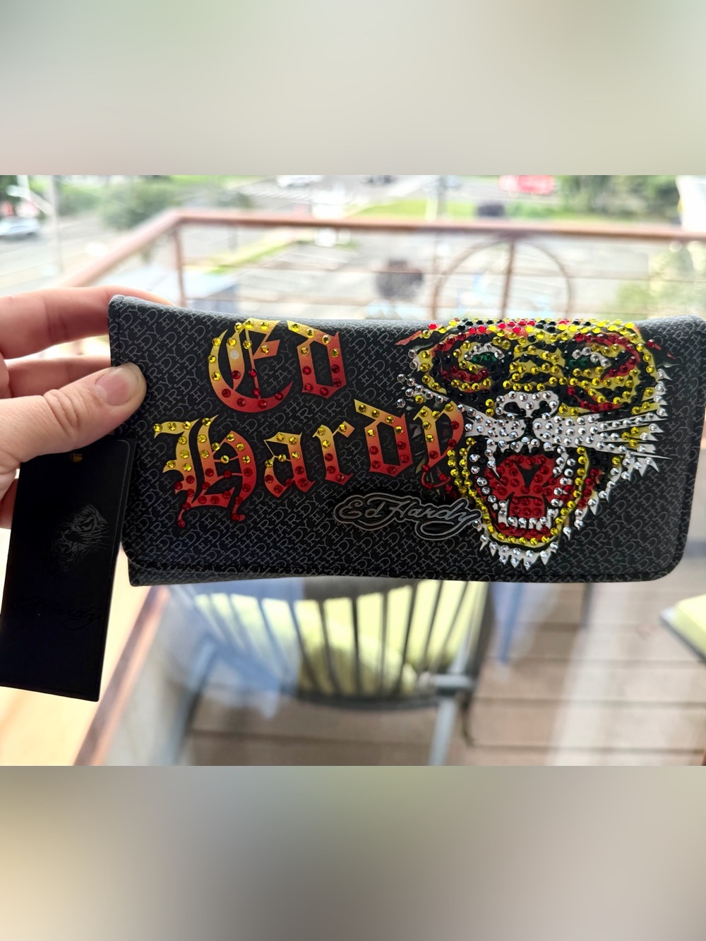 Ed Hardy Black Wallet with Red and Yellow Rhinestone Tiger Graphic